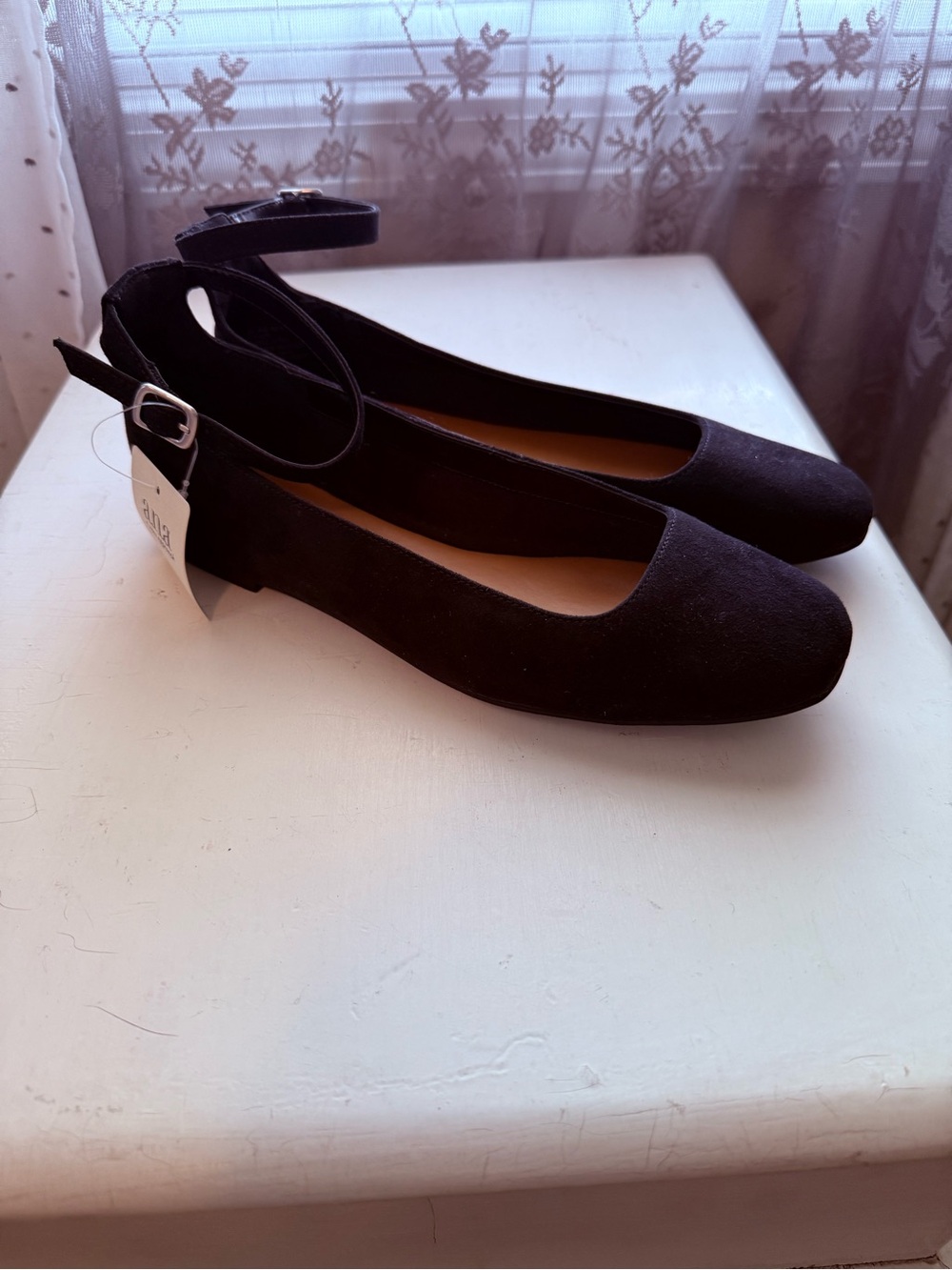 Anna Black Suede Ankle-Strap Flats with Buckle - Picture 2 of 4
